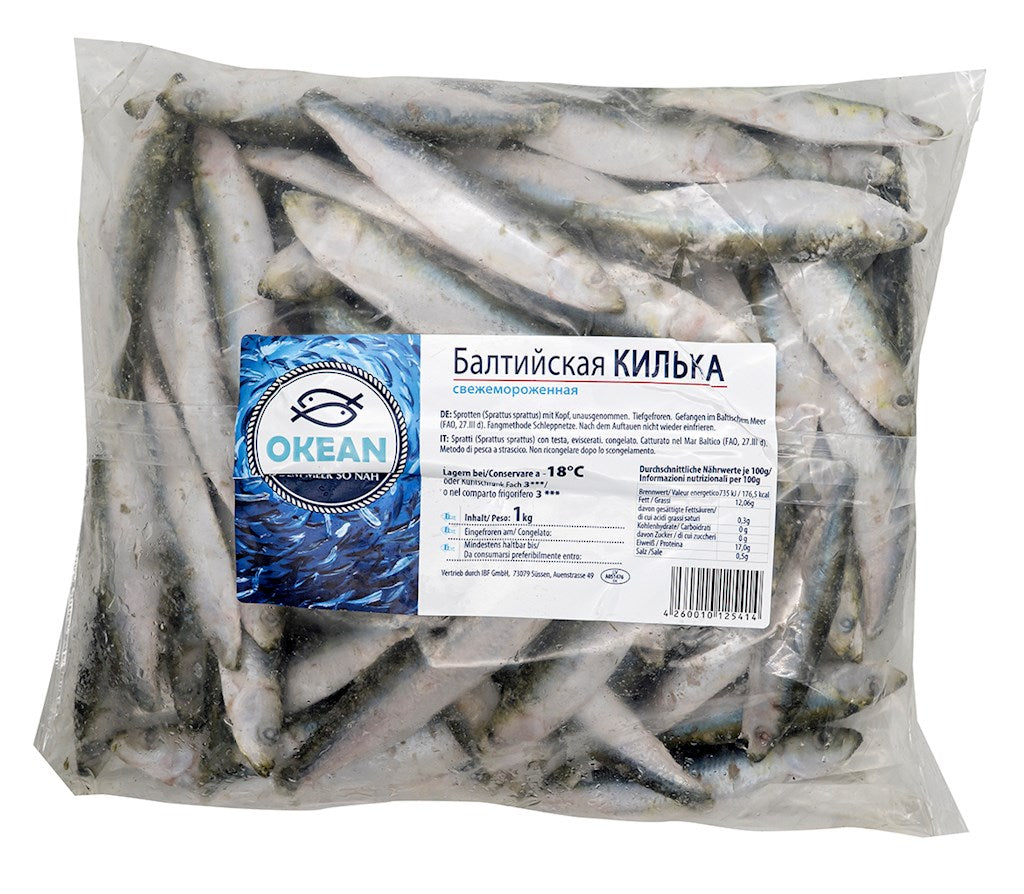 1 kg Okean Baltische Strömlinge unausgen. m Kopf voll IQF // Океан Балтийская килька непотрашенная