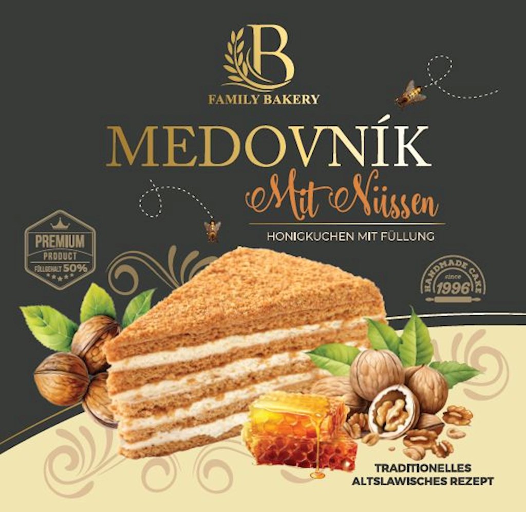 750g Family Bakery Altböhmische Honigtorte - Medovik mit Nüssen -18°C tk // Старочешский медовик с орехам