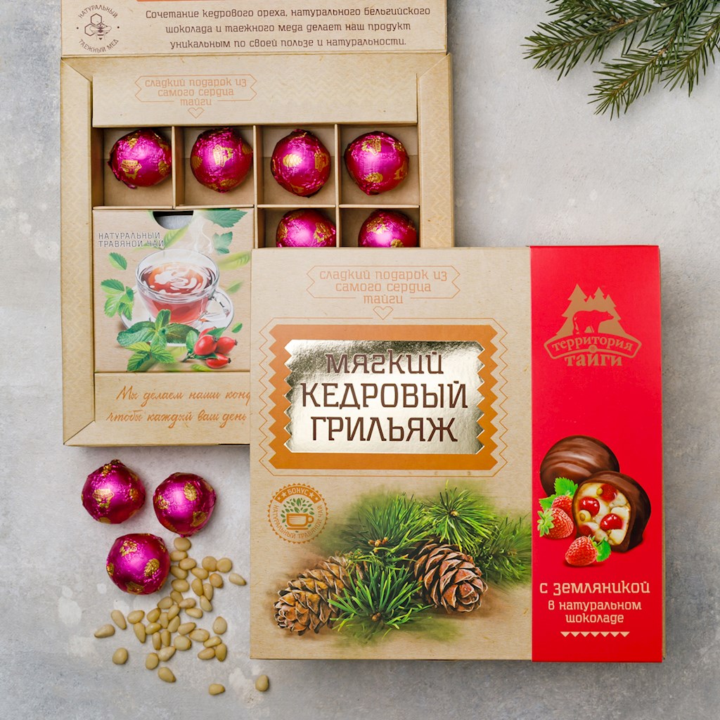 120g TerritorijaTaigi PinienKrokant mit Erdbeeren in schoko // Мягкий Кедровый Грильяж с земляникой 