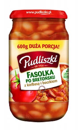 600g Pudliszki Fasolka/Gebäck. Bohnen mit Wurst, Speck in Soße // Запеченная фасоль с колбасой и беконом в соусе