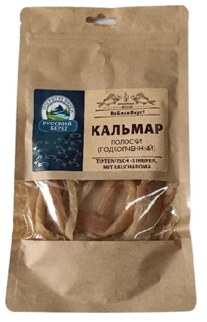 100g Russkij Bereg Tintenfischstreifen mit Raucharoma // Полоски Кальмара, Подкопченные 100g Russkij Bereg Tintenfischstreifen mit Raucharoma // Полоски Кальмара, Подкопченные