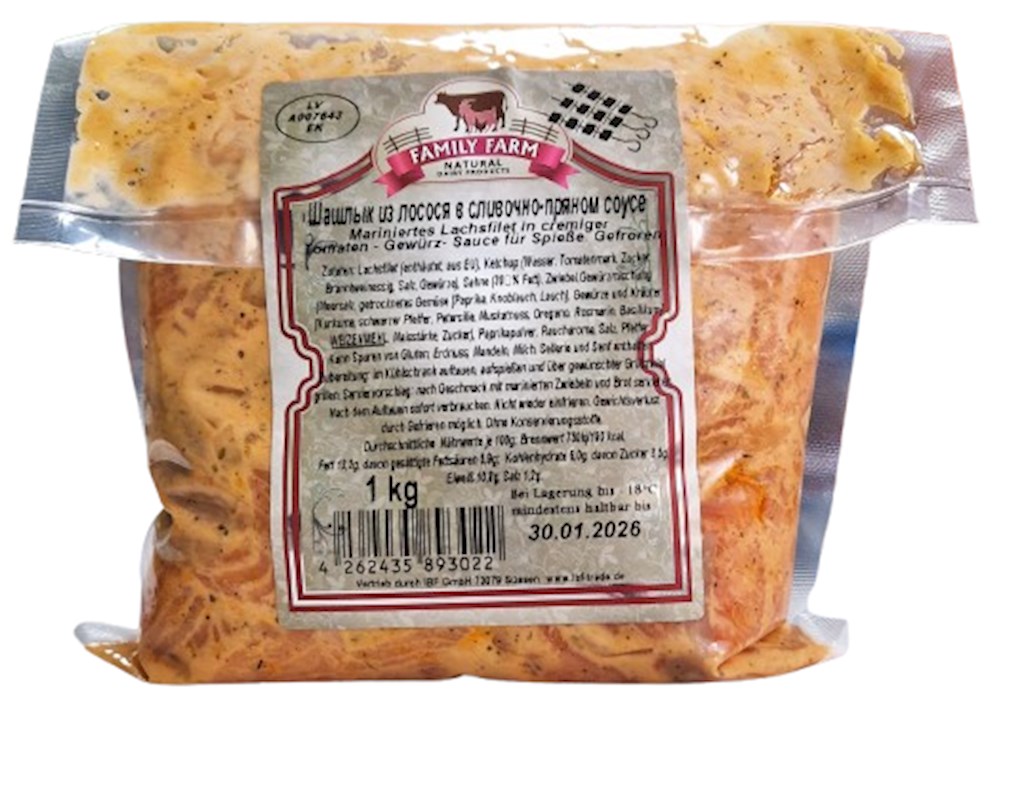 1,0 kg FF Schaschlik aus Lachsfilet "Crema" -18°C  //  Шашлык из лосося в сливочно-пряном соусе 1,0 kg FF Schaschlik aus Lachsfilet "Crema" -18°C  //  Шашлык из лосося в сливочно-пряном соусе