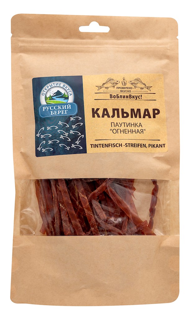 100g Russkij Bereg Tintenfischstreifen pikant, getrocknet  // Кальмар, Паутинка "Огненная"  100g Russkij Bereg Tintenfischstreifen pikant, getrocknet  // Кальмар, Паутинка "Огненная"