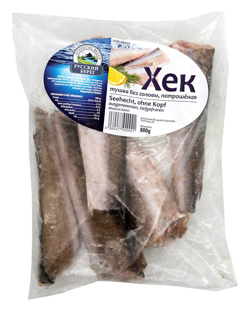 800g Russkij Bereg  Argent. Seehecht o. Kopf ausgen. -18°C // Хек без головы -18°С 