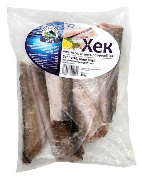 800g Russkij Bereg  Argent. Seehecht o. Kopf ausgen. -18°C // Хек без головы -18°С 