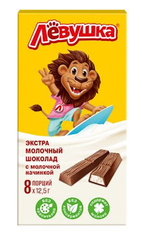 85g Slavjanka Schokoladentafel „Ljowuschka“ mit Milchfüllung // Экстрамолочный белый шоколад «Лёвушка» с молочной