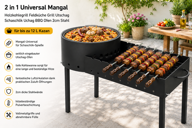 2 in 1 Universalgrill - Mangal mit Utschak 2cm Stahl Ø 36cm 12 L Kasan BBQ Grill Equipment
