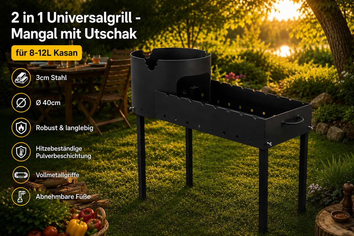 2 in 1 Universalgrill - Mangal mit Utschak 3cm Stahl Ø 40cm 10-12L Kasan BBQ Grill Equipment