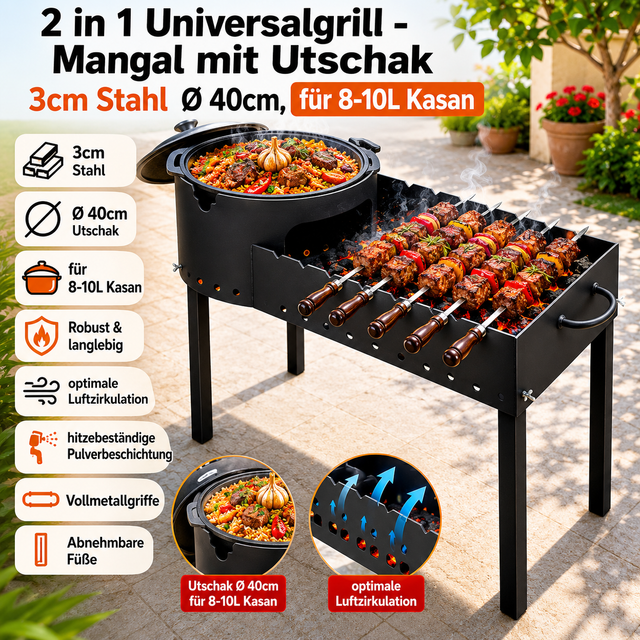 2 in 1 Universalgrill - Mangal mit Utschak 3cm Stahl Ø 36cm 8-10L Kasan BBQ Grill Equipment