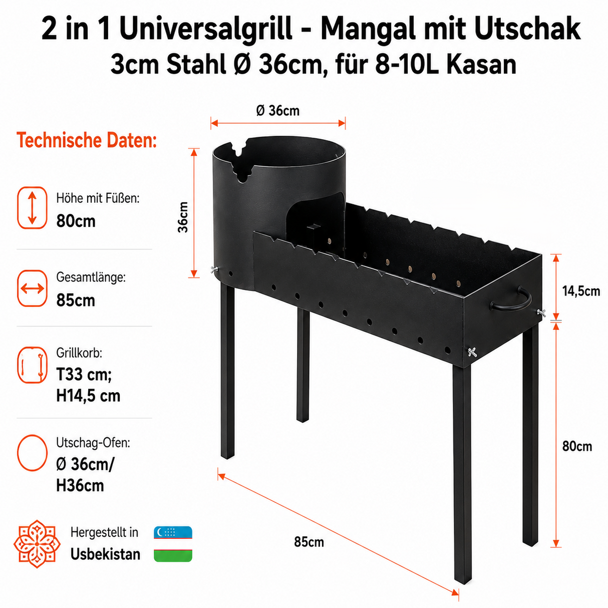2 in 1 Universalgrill - Mangal mit Utschak 3cm Stahl Ø 36cm 8-10L Kasan BBQ Grill Equipment