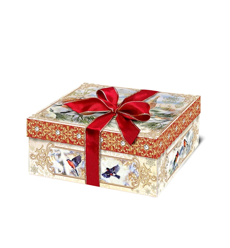 Neujahrsverpackungsbindekarton "Gimpel" 18x18x7,5 cm 1st // Новогодняя упаковка "Снигери" 18х18х7,5 см