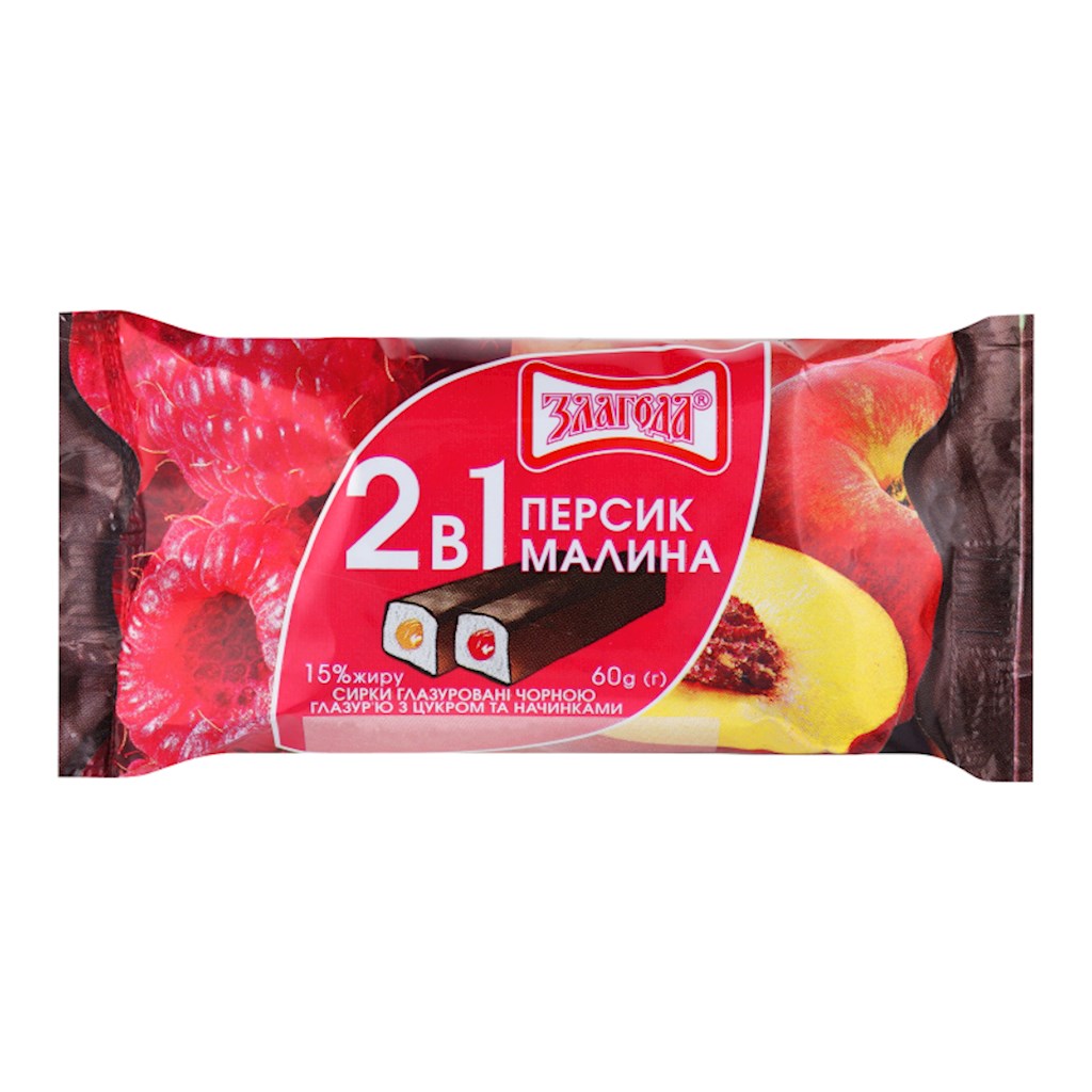 60g Zlagoda QR in Glasur mit Pfirsich-Himbeere 2 in1 // Сырок творожный 2в1 Персик-малина