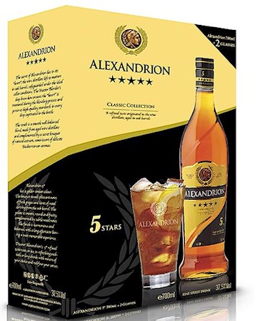 12358_06072020182201 0,7 Liter Alexandrion 5 STERNE Classic Collection Alc.37,5% Vol. Geschenkverpackung mit 2 Gläsern