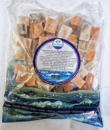1kg Fischwürfel Seelachs, Dorsch, Lachs  -18°C // Рыбные кубики из сайды, трески, лосося