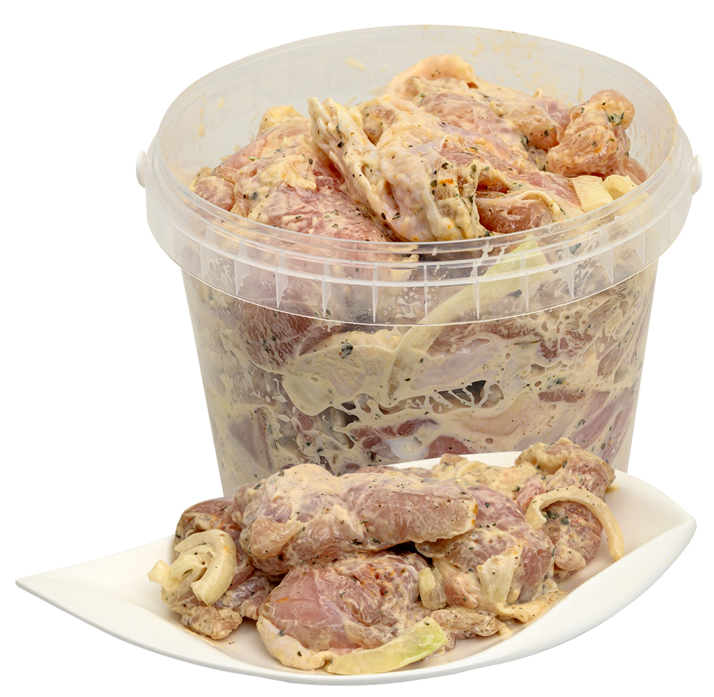 2,0 kg Schaschlik Hähnchen OBERKEULE ohne Knochen Hausmacherart Hähnchenfleisch Eimer 1250