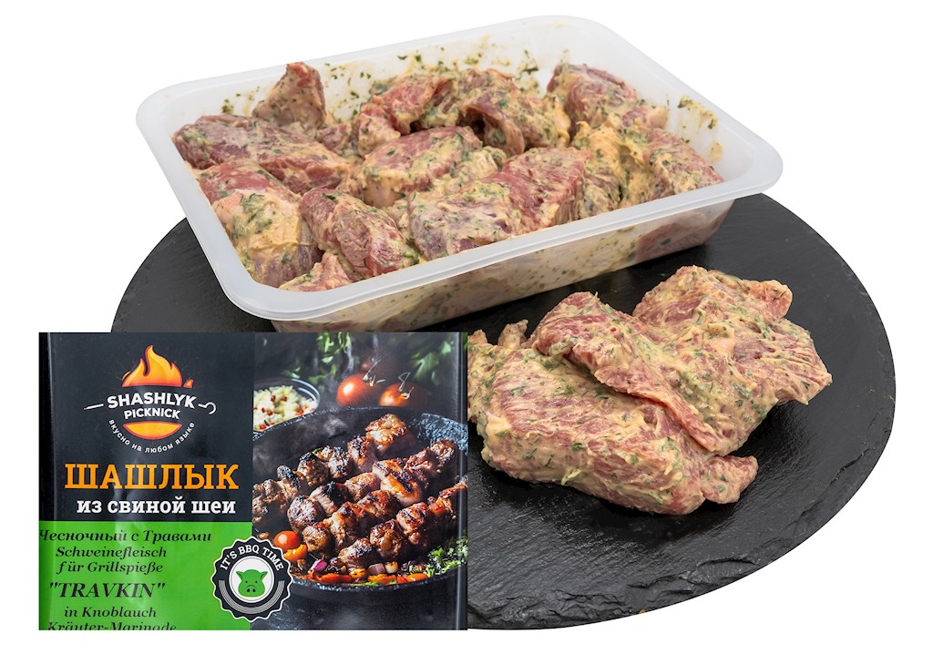 1,0 kg PICKNICK Schaschlik SchFl Knobi/Kräuter "Travkin" -18°C // Шашлык из свинины Чесночный с травами "TRAVKIN" 1,0 kg PICKNICK Schaschlik SchFl Knobi/Kräuter "Travkin" -18°C // Шашлык из свинины Чесночный с травами "TRAVKIN"
