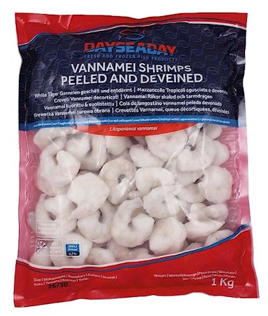 1kg DaySeaDay weiße Tiger Garnelen geschält 26/30 // Белые тигровые креветки, очищенные 26/30
